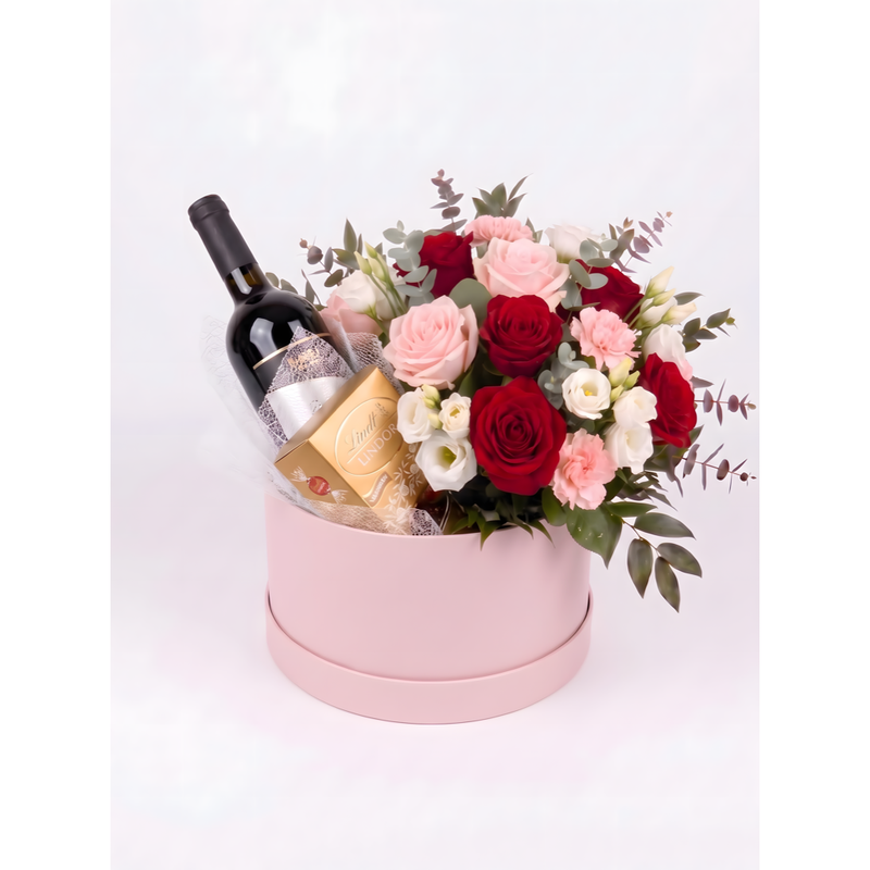 Květinový box Deluxe Červená romance s vínem